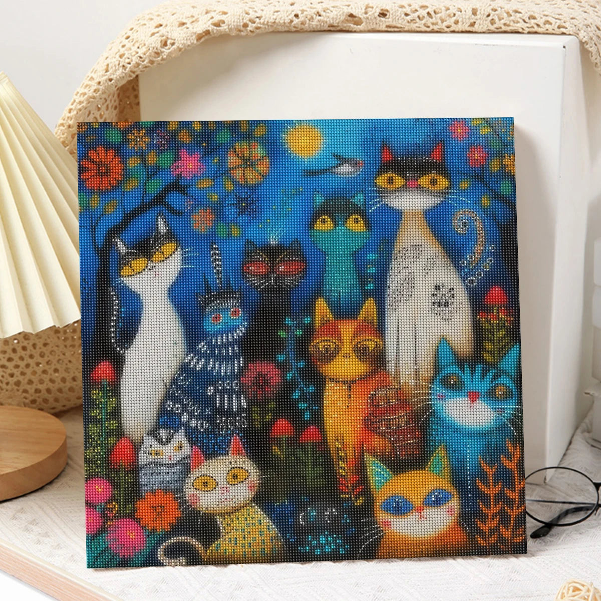 Diamond painting group of multi-colored cats