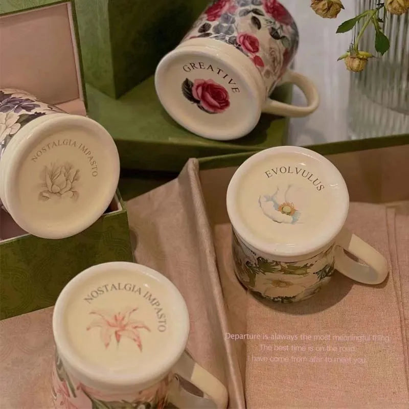 Taza de cerámica retro de 380 ml con flores románticas