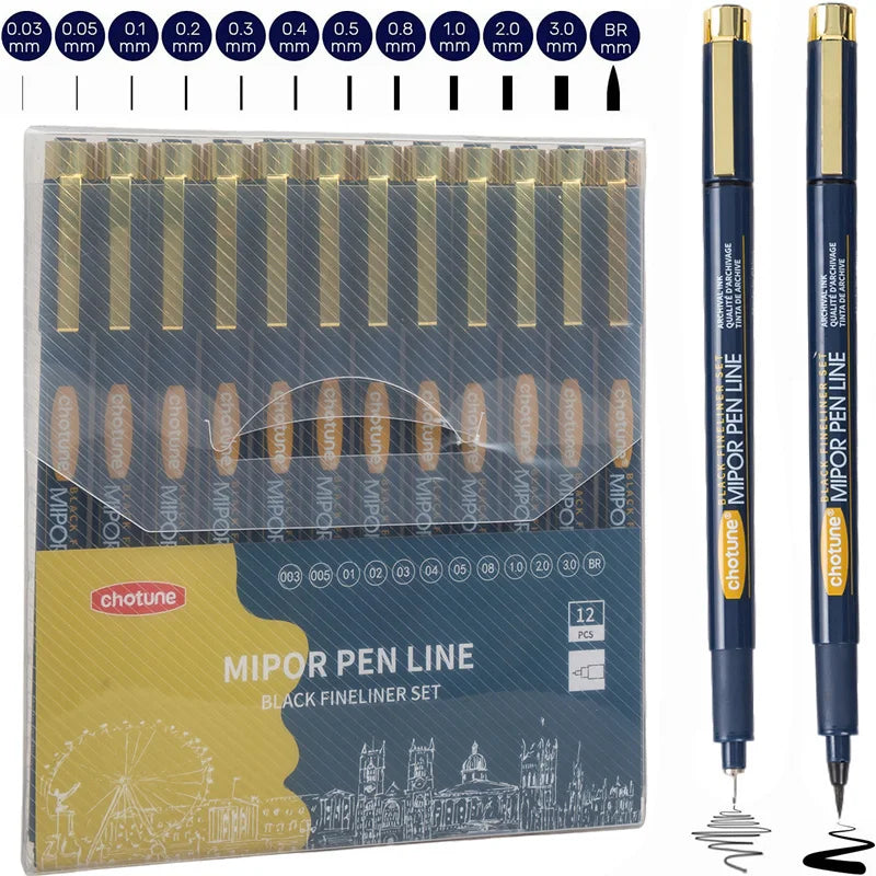 Ensemble de 12 marqueurs fins noirs pour croquis dessin stylo micron art du manga bande dessinée