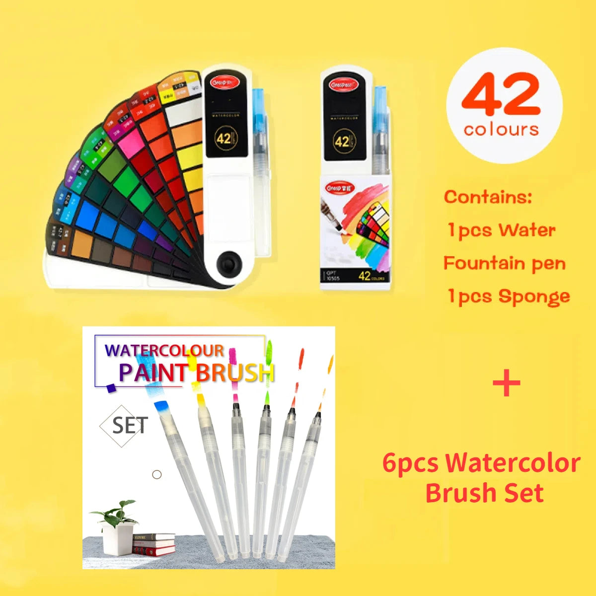 Solid Watercolor 18/24/36/42 Colors Retractable Case with 1 or 6 Reservoir Brushes