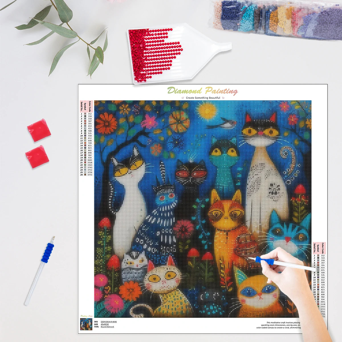 Diamond painting group of multi-colored cats