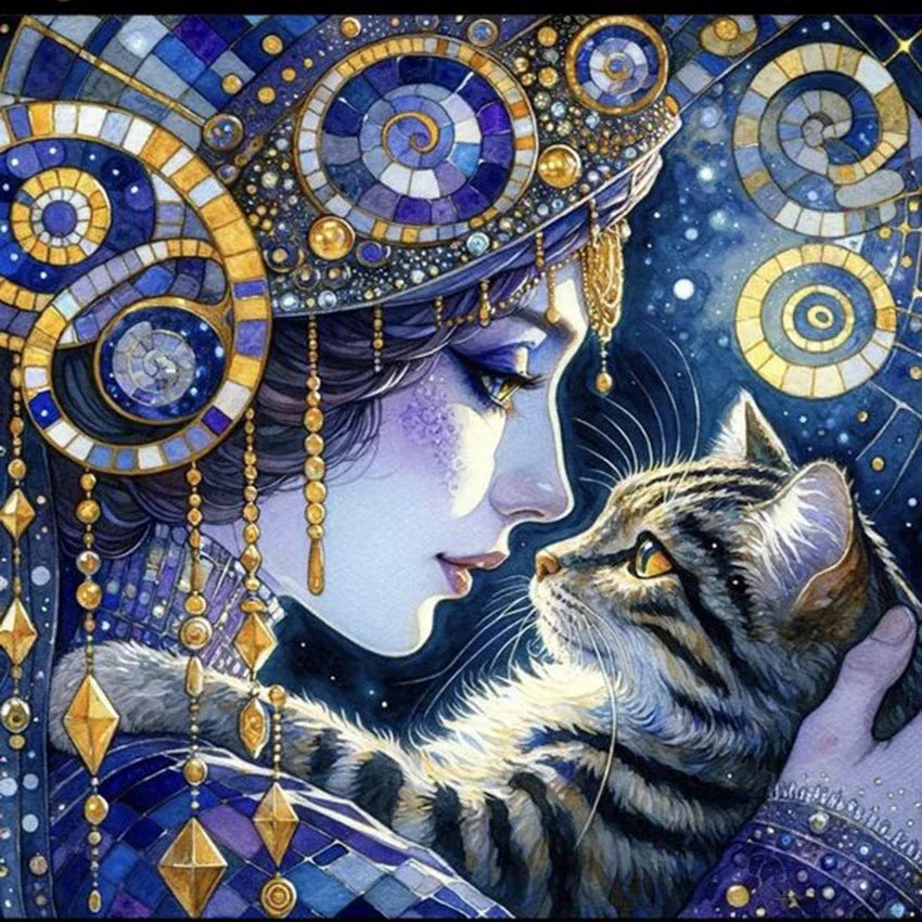 Peintures à Diamants Femme bleue Chat