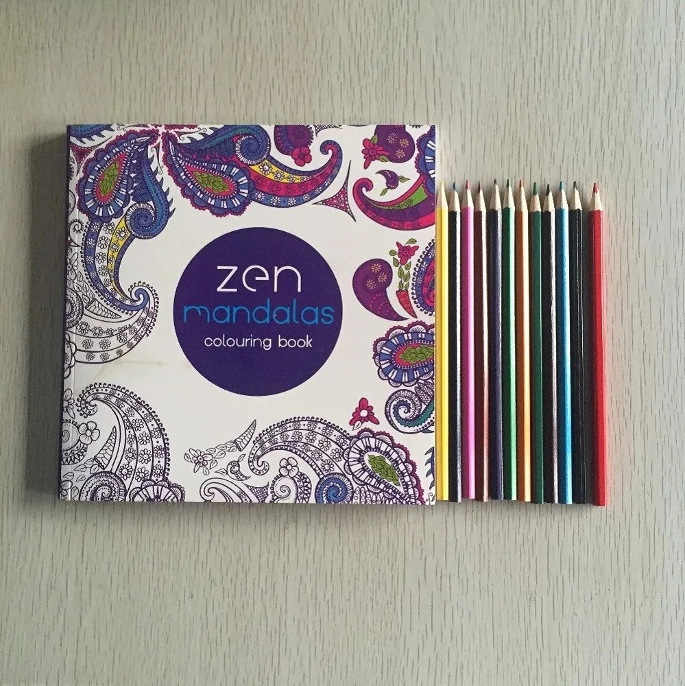 12 Colored Pencils + Coloring Book 128 Pages Zen Mandalas Anti-Stress