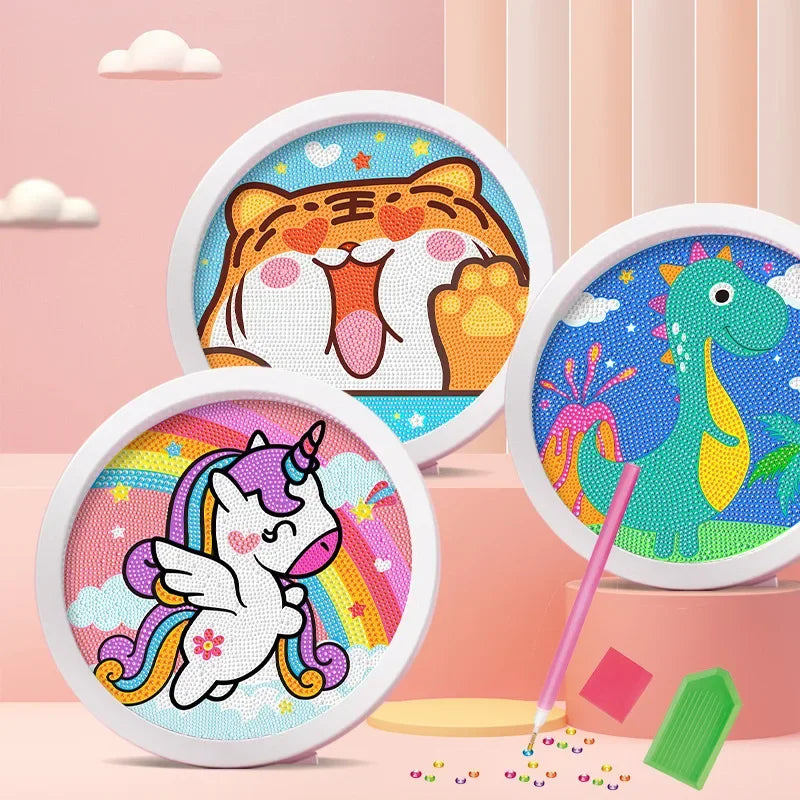 Diamond Painting with Round Frame for Kids Unicorn Cat Dog Tiger Mermaid Dragon