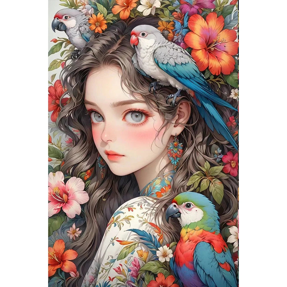 5D Diy Diamond Painting Mosaic Girl with Parrot Parrot