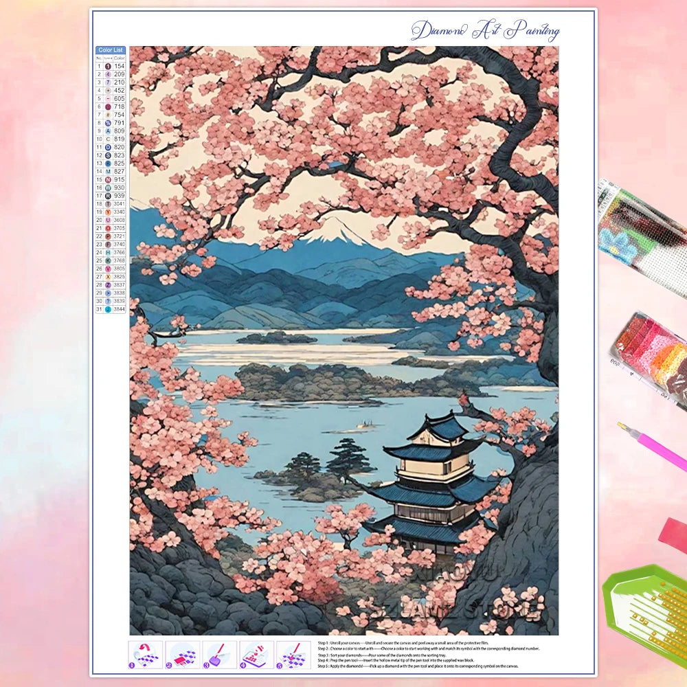 Pinturas de diamantes de flor de cerezo en Fuji, Japón