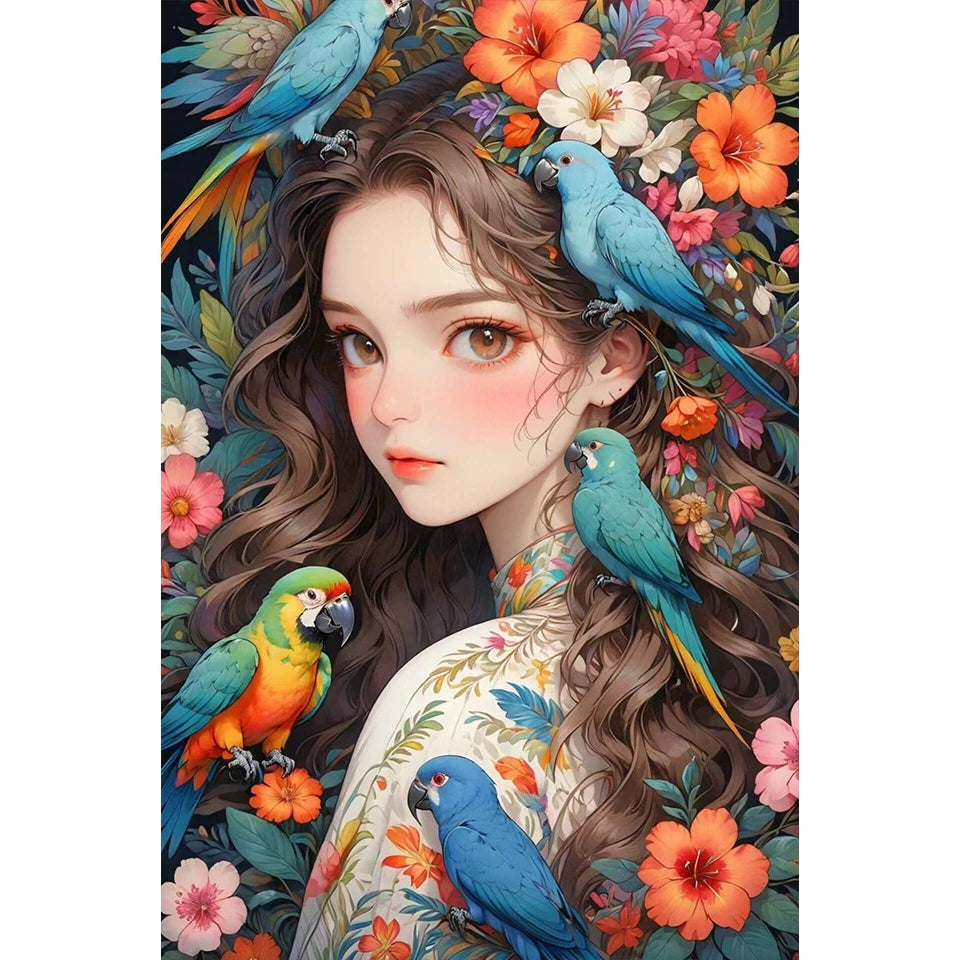 5D Diy Diamond Painting Mosaic Girl with Parrot Parrot