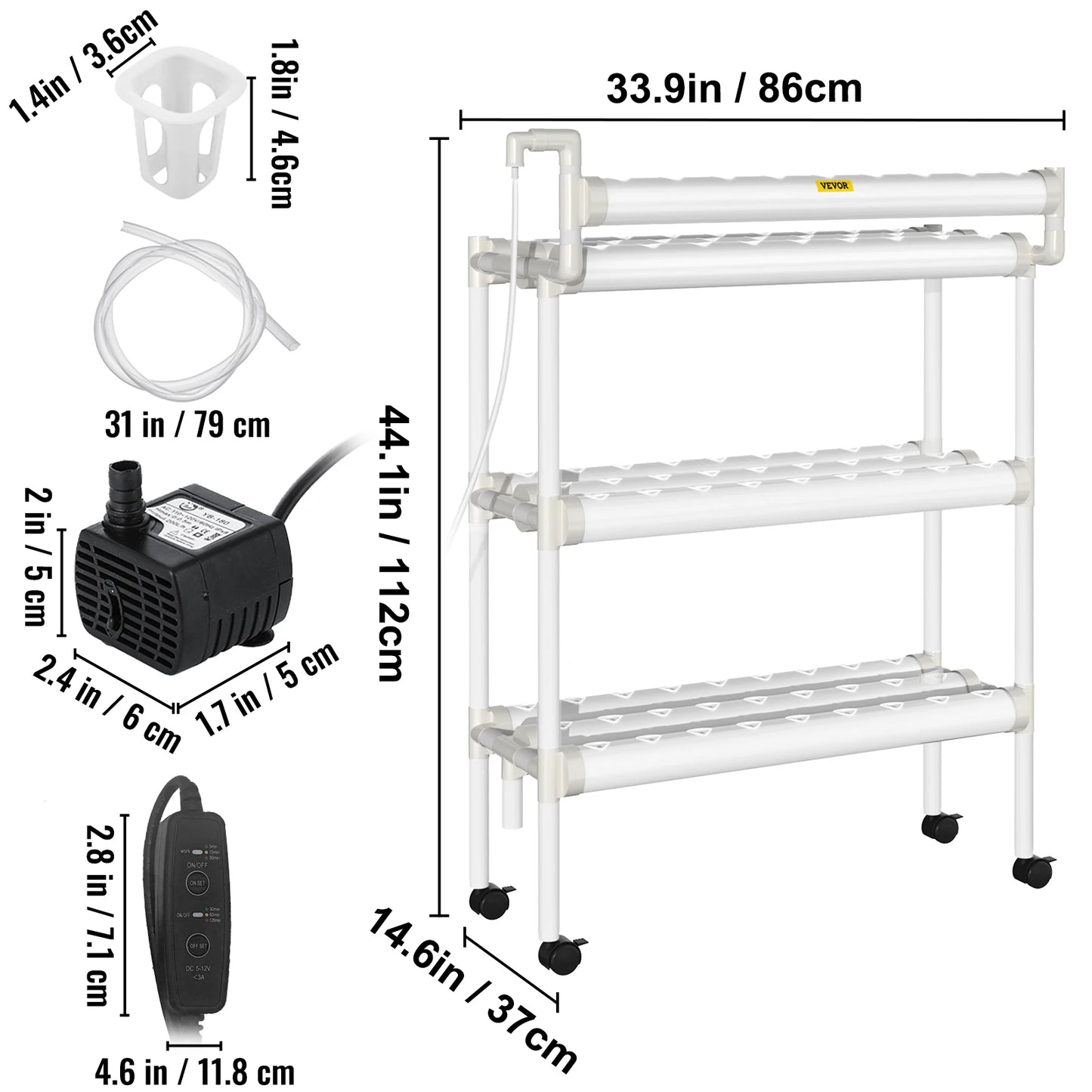 VEVOR Hydroponic System 36/54/72/90/108 Slots 1/2/3/4 Tiers 4/6/8/10/12 Tubes