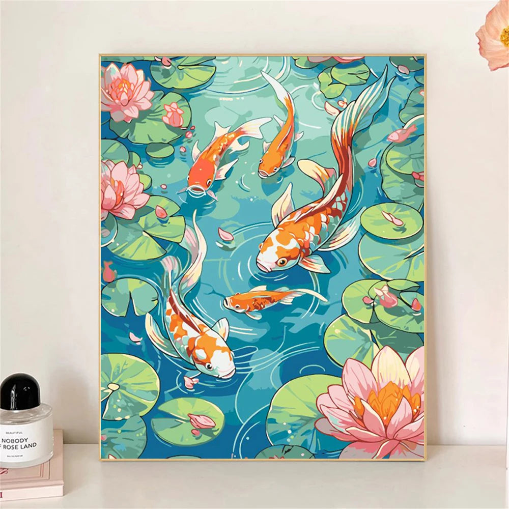 Kit de peinture par numéros pour adulte, petit poisson jouant dans l'eau