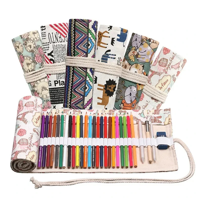 Trousse enroulable en tissu pour crayons, stylos pinceaux Plusieurs motifs disponibles