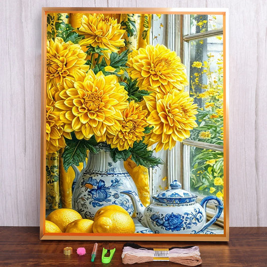 Kit de points de croix Fleur jaune Dahlia imprimé 11CT 14 CT