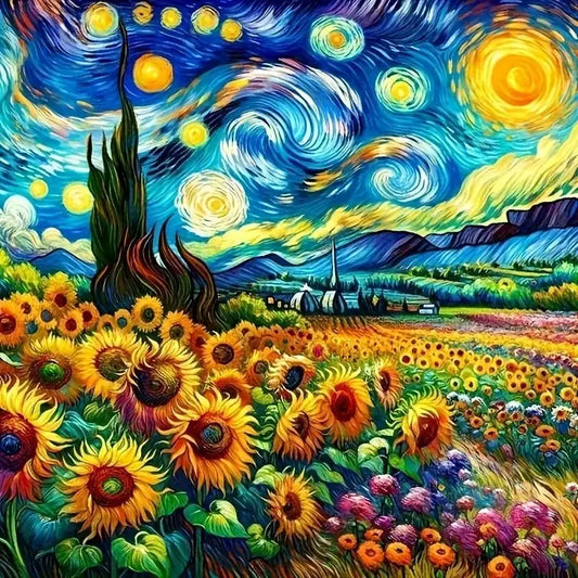 Pintura de diamante con cielo estrellado inspirada en Van Gogh