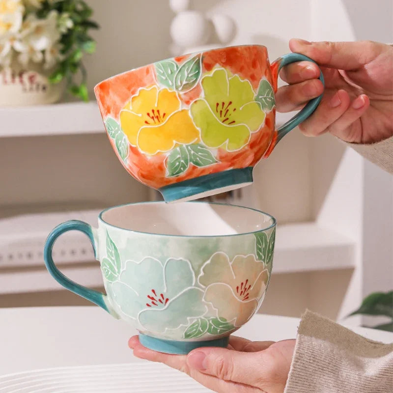 Taza de cerámica con forma de cuenco y diseño floral de 500 ml para desayuno