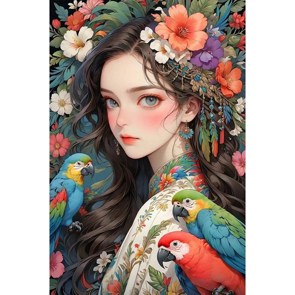 5D Diy Diamond Painting Mosaic Girl with Parrot Parrot