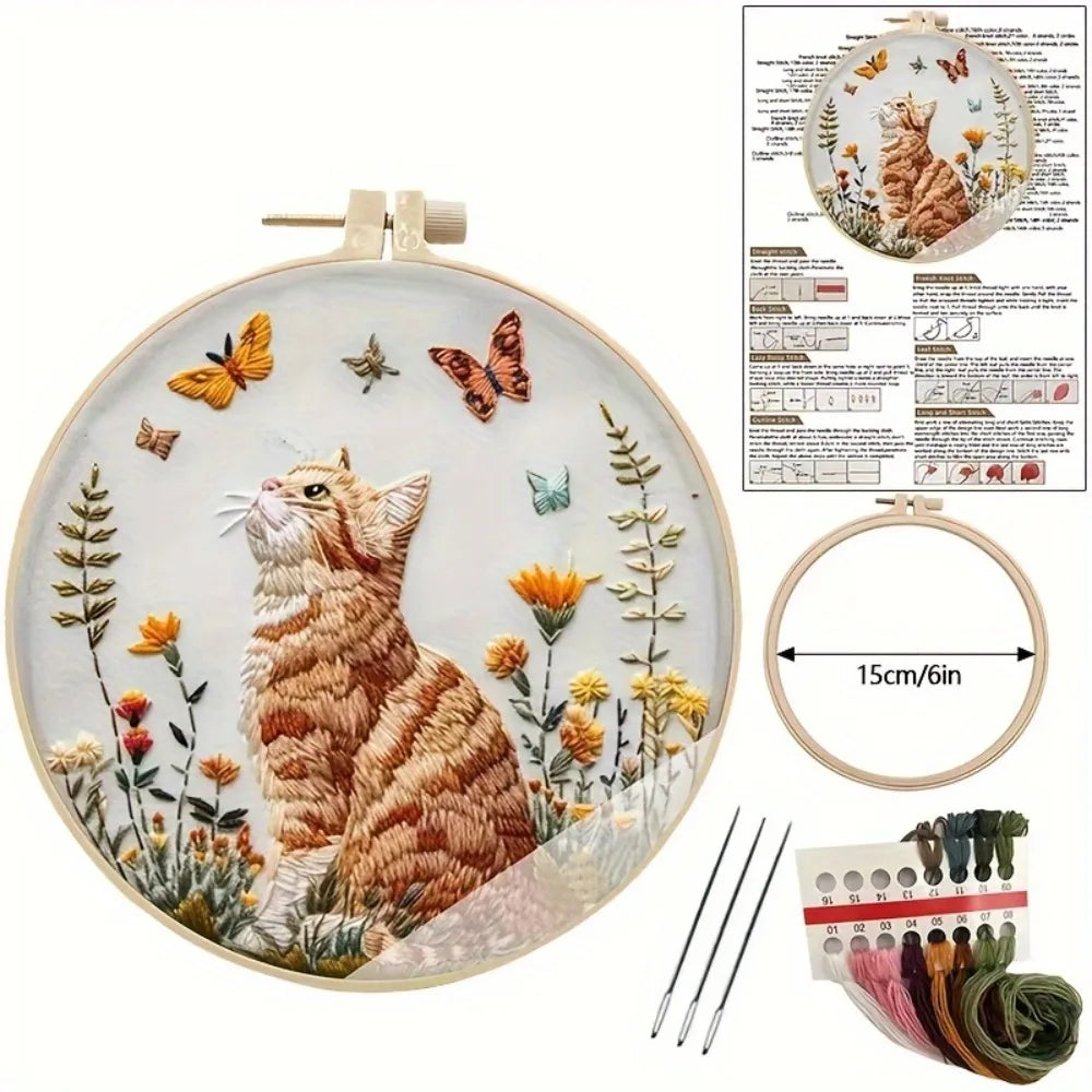 Kit de broderie chat et fleur DIY pour débutants – Kit complet de points de croix