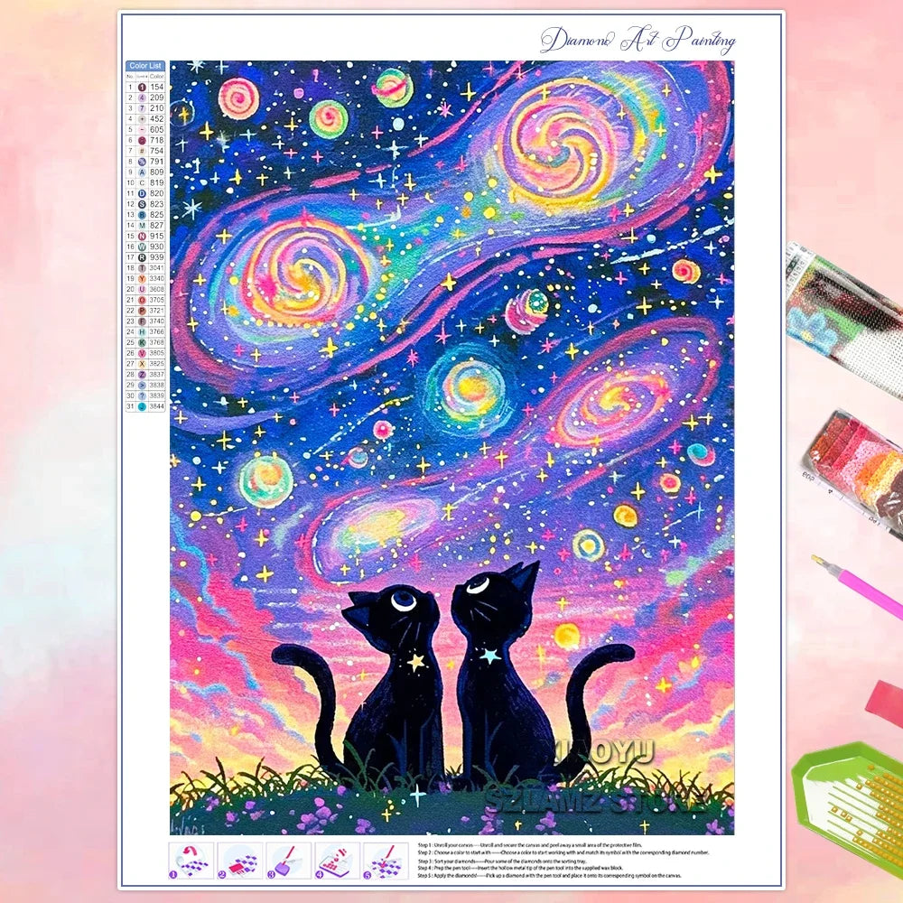 Peintures à diamants pour adulte débutant Anime Chat dans l'espace