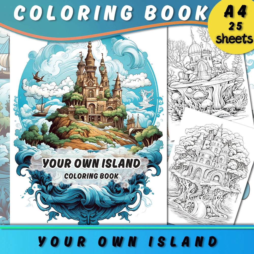 Libro para colorear A4 para adolescentes y adultos: Islas de fantasía, 25 diseños diferentes, papel antiestrés de 100 g/m² de grosor.
