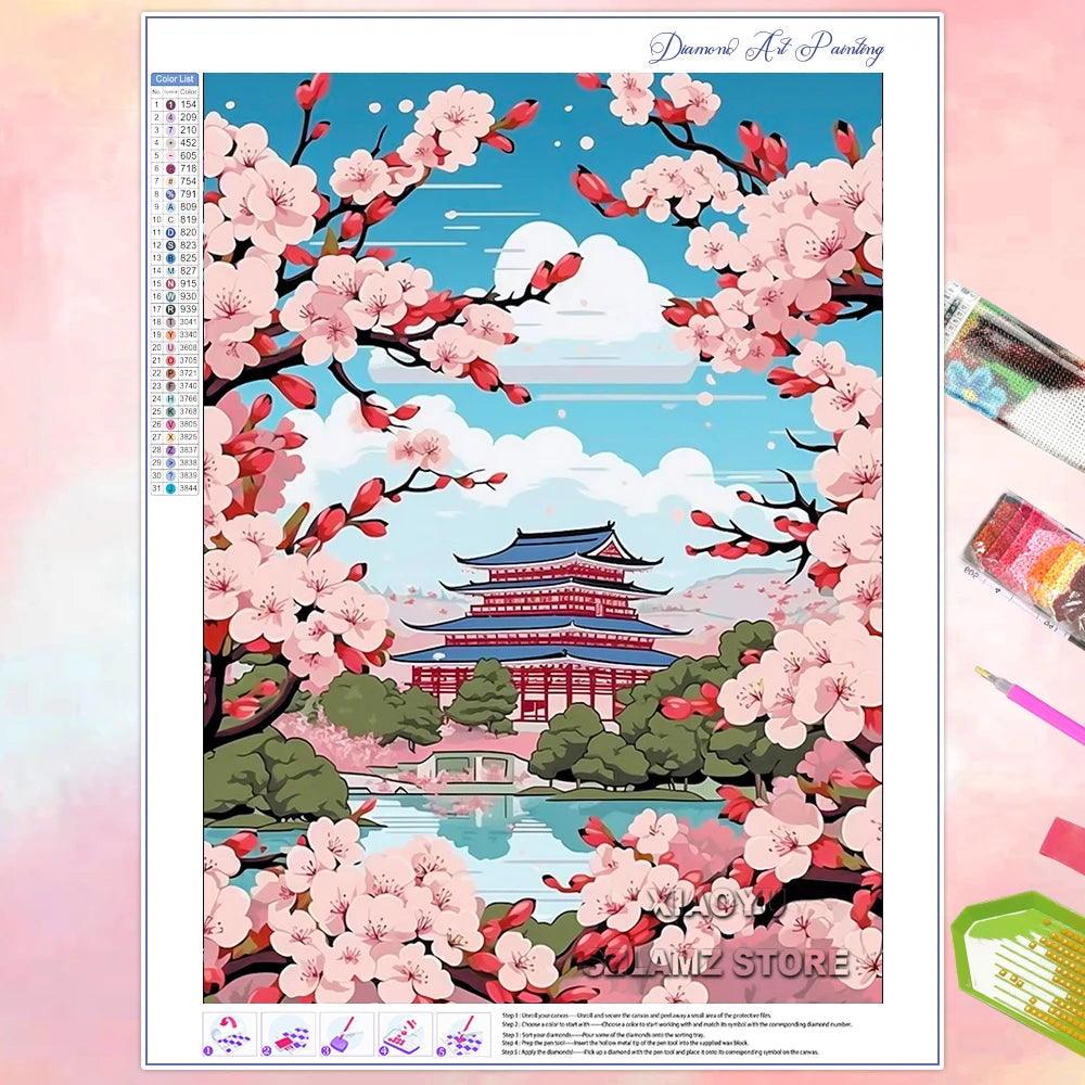 Pinturas de diamantes de flor de cerezo en Fuji, Japón