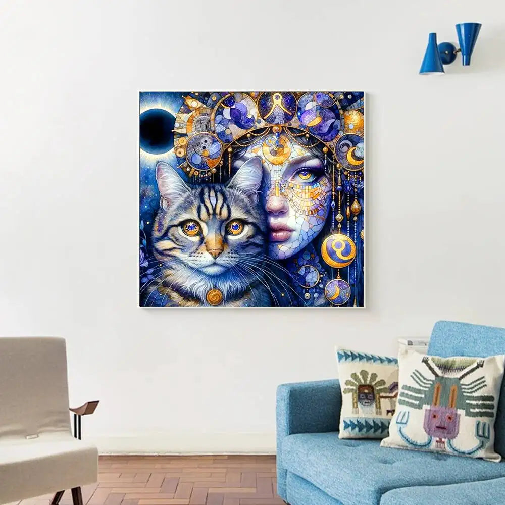 Peinture à diamants Femme bleue et son chat