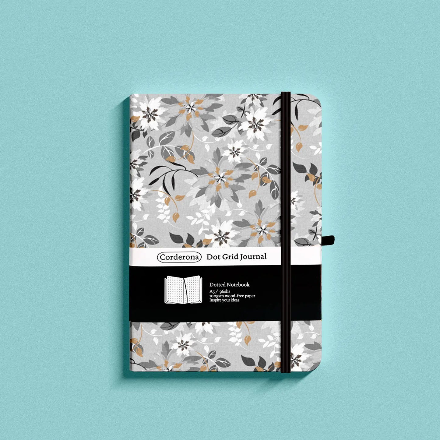 Cahier bullet journal feuilles pointillées A5 Fleurs grises