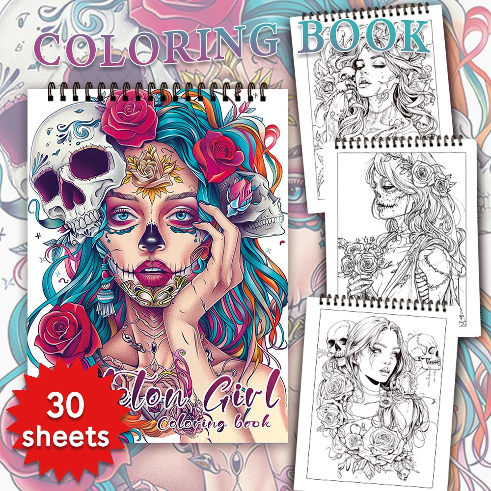 Coloring Books 30 Sheets 100gsm for Adults Flower Girl Flower Skeleton