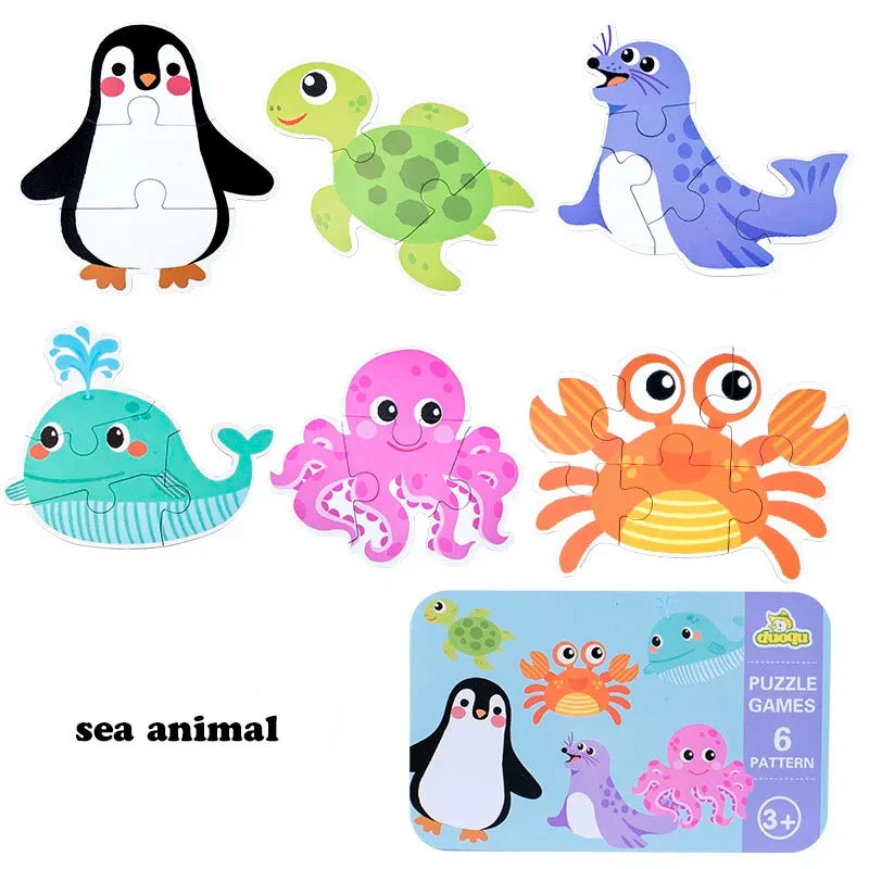 Montessori puzzles in metal box animals, means of transport, dinosaurs, fruits and vegetables