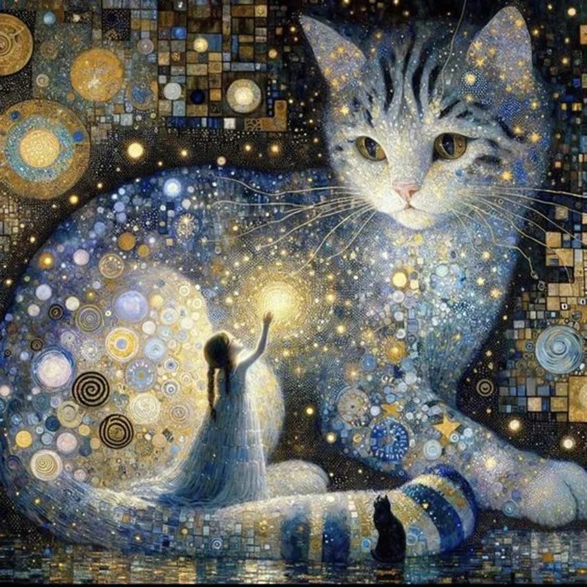 Peintures à Diamants Femme bleue Chat