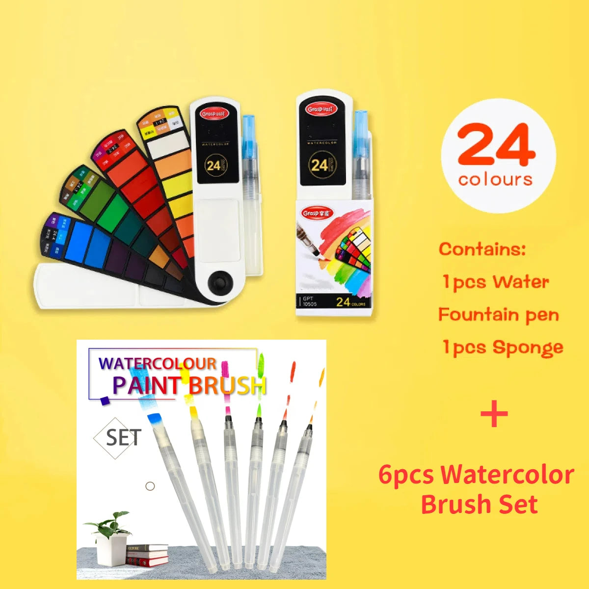 Solid Watercolor 18/24/36/42 Colors Retractable Case with 1 or 6 Reservoir Brushes