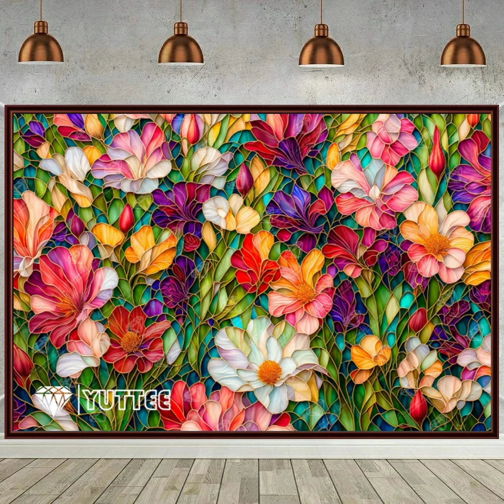 Pintura de diamante 5D con flores de vitral