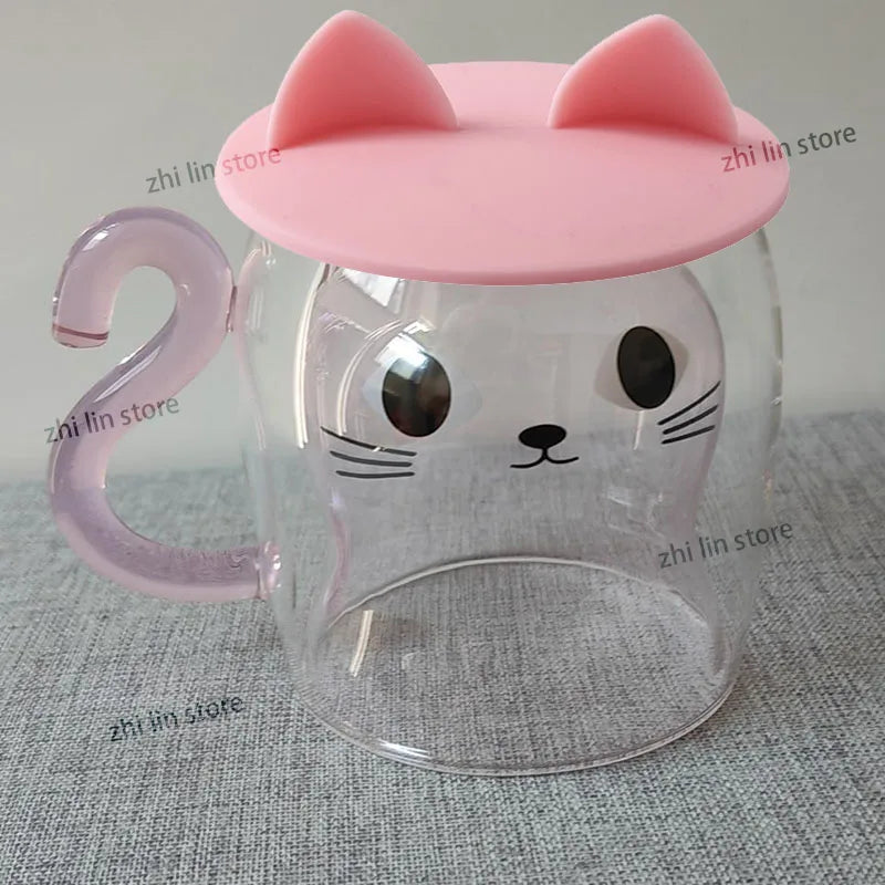 Tasse en verre à paroi double chat avec couvercle