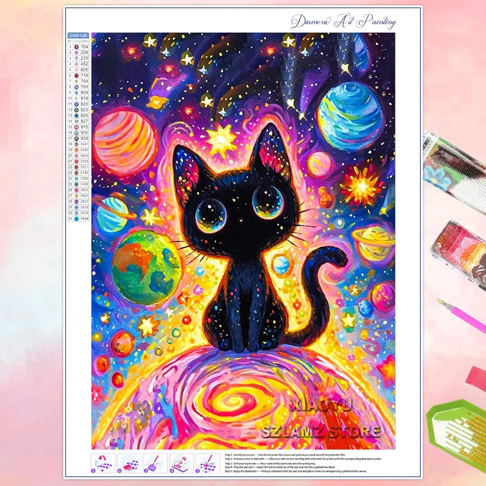 Peintures à diamants pour adulte débutant Anime Chat dans l'espace