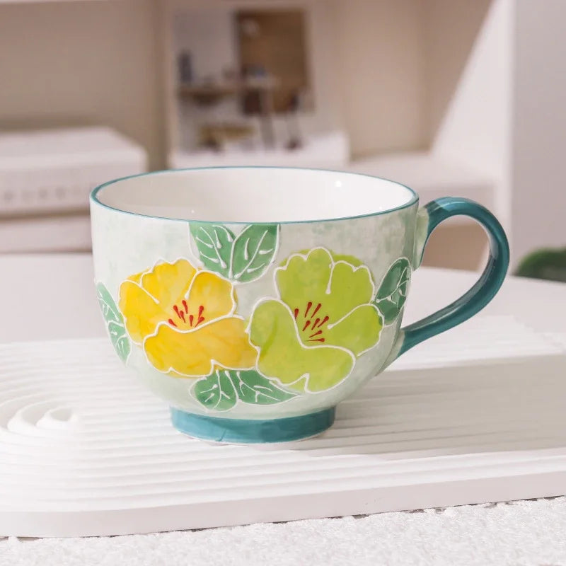 Taza de cerámica con forma de cuenco y diseño floral de 500 ml para desayuno