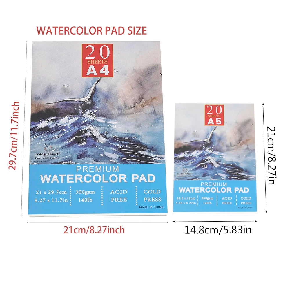 A3/A4/A5 140lb/300gsm 20 Sheets Cold Pressed Watercolour Paper Pad