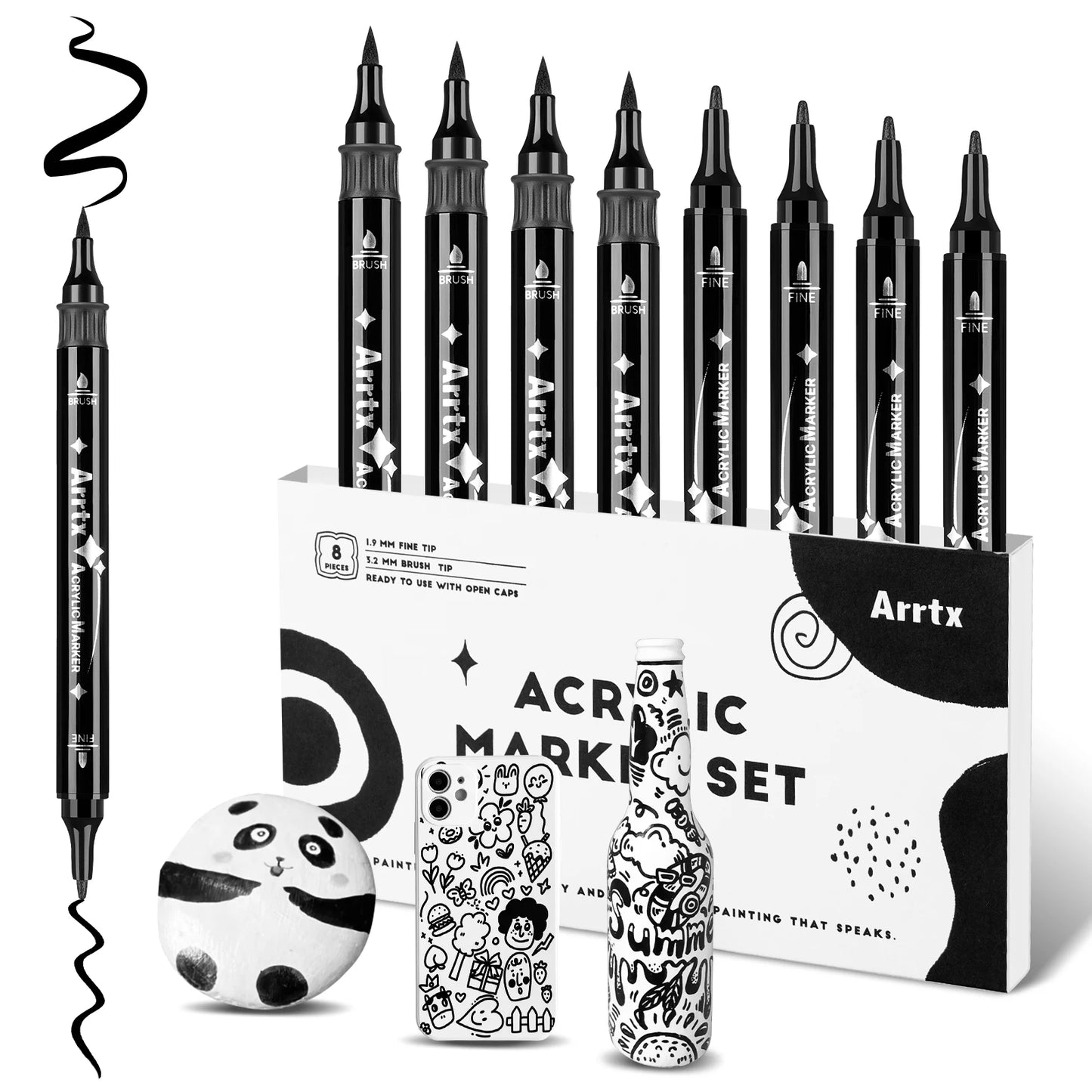 Pack of 8 black acrylic paint markers