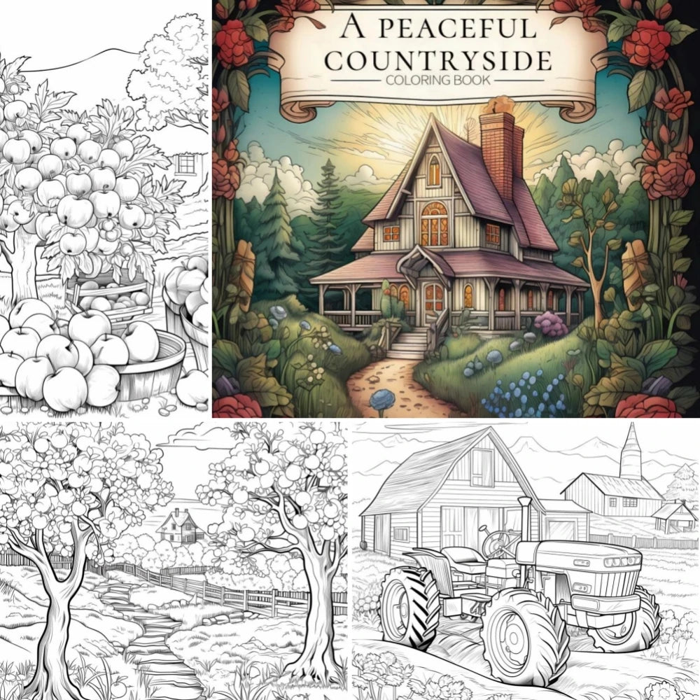 Libro para colorear antiestrés de 22 páginas: un paisaje rural tranquilo