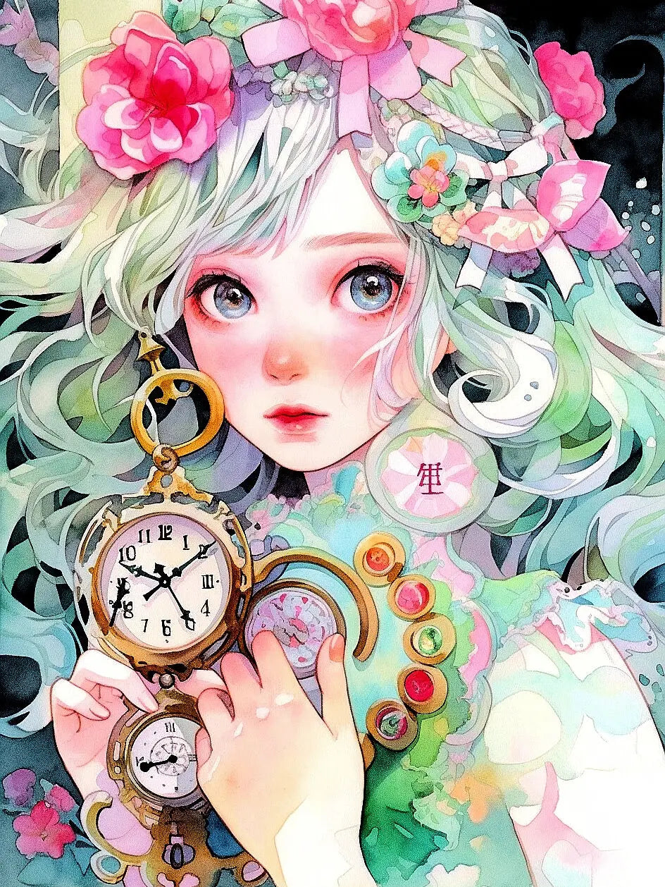 Kits de punto de cruz bordado impresiones anime chica con reloj