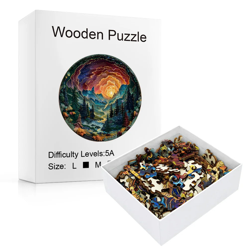 Wooden puzzle sunset in the forest