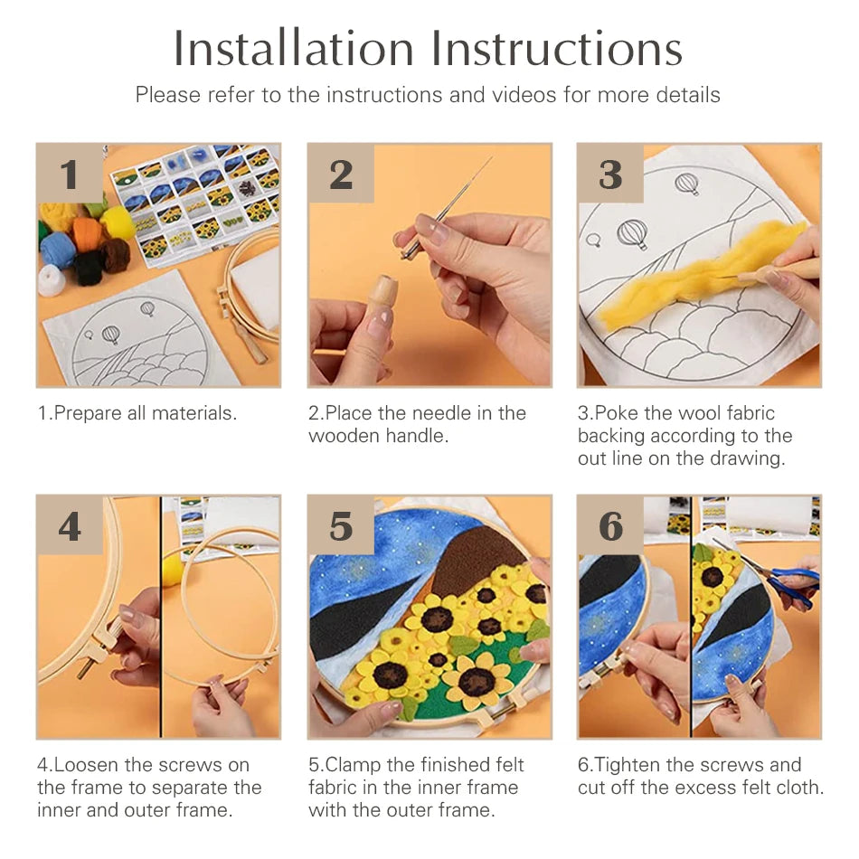 DIY kits de Peinture en feutre de laine fleurs colorées, peinture créative en feutre