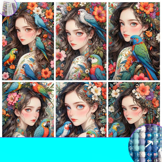 5D Diy Diamond Painting Mosaic Girl with Parrot Parrot