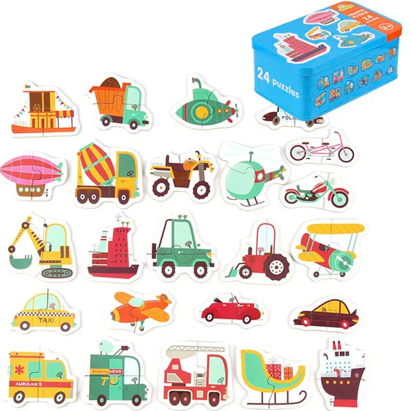 Montessori puzzles in metal box animals, means of transport, dinosaurs, fruits and vegetables