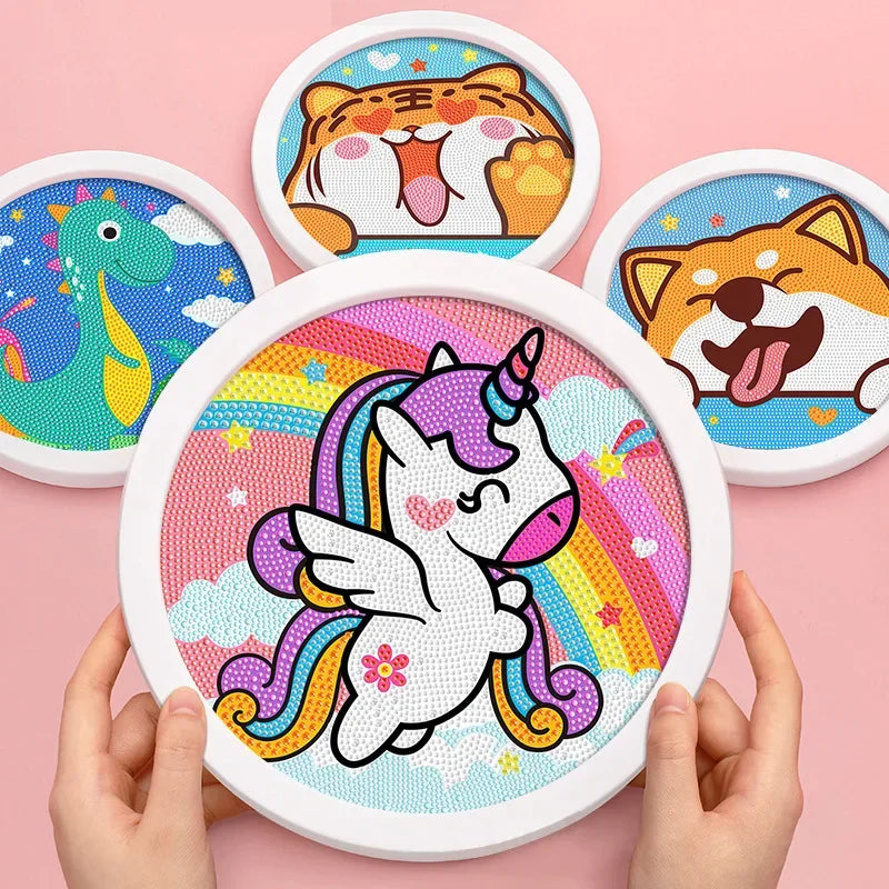 Peinture à diamants avec cadre rond pour enfant Licorne chat chien tigre sirène dragon