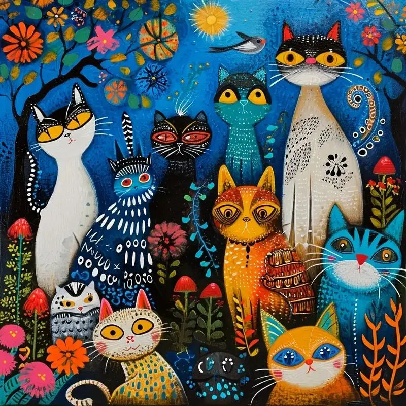 Diamond painting group of multi-colored cats