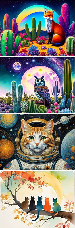 Peintures par numéros Chat astronaute, Renard dans le désert, Hibou dans le desert, Chats sur la branche