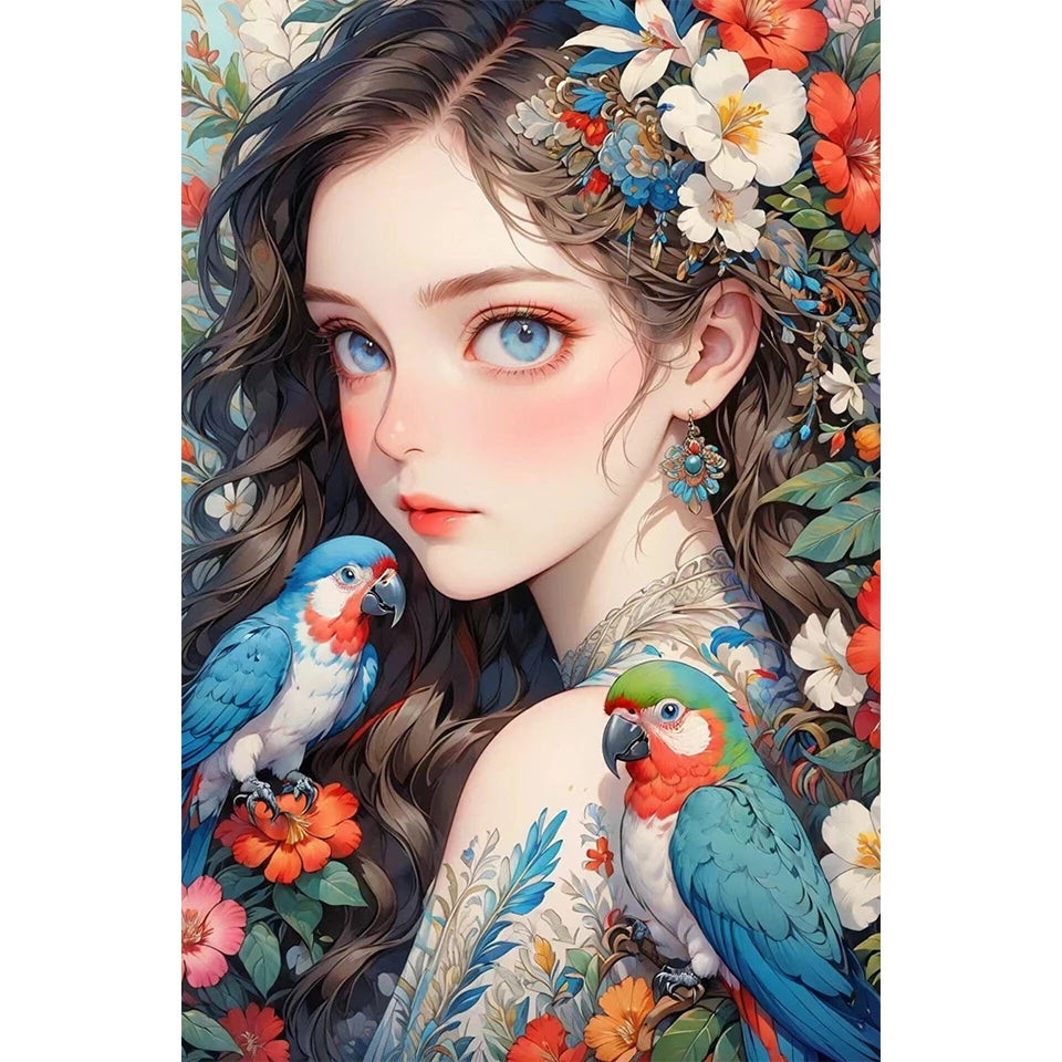 5D Diy Diamond Painting Mosaic Girl with Parrot Parrot