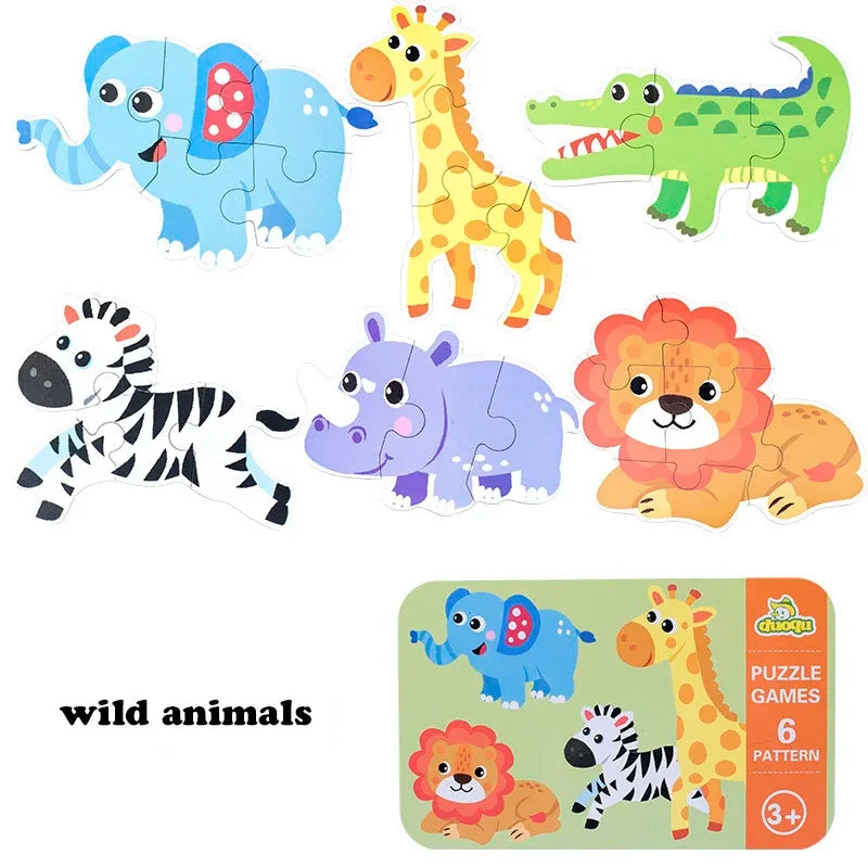 Montessori puzzles in metal box animals, means of transport, dinosaurs, fruits and vegetables