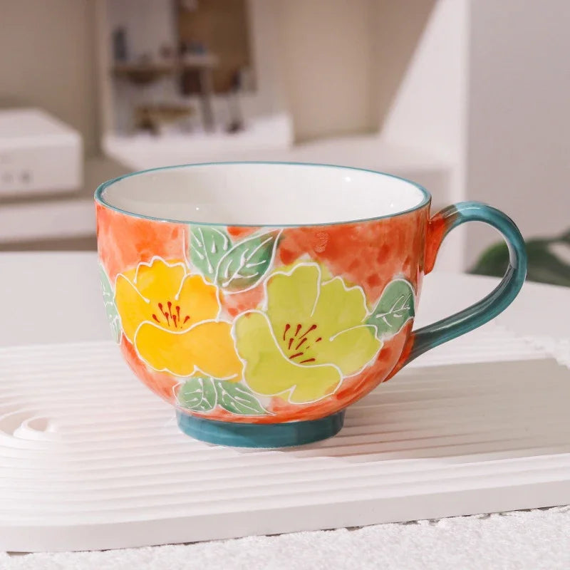 Taza de cerámica con forma de cuenco y diseño floral de 500 ml para desayuno