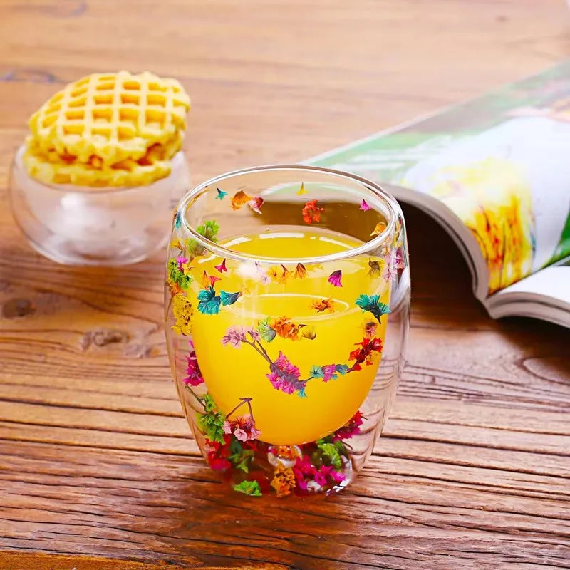 Tasse en verre à double paroi avec Fleurs