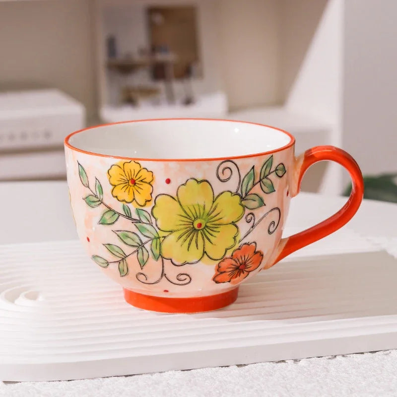 Taza de cerámica con forma de cuenco y diseño floral de 500 ml para desayuno