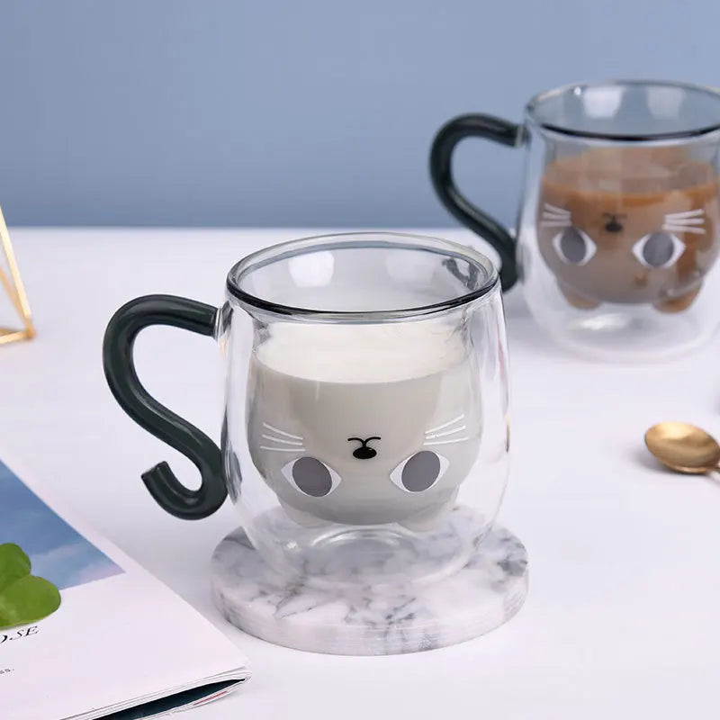 Tasse en verre à paroi double chat avec couvercle